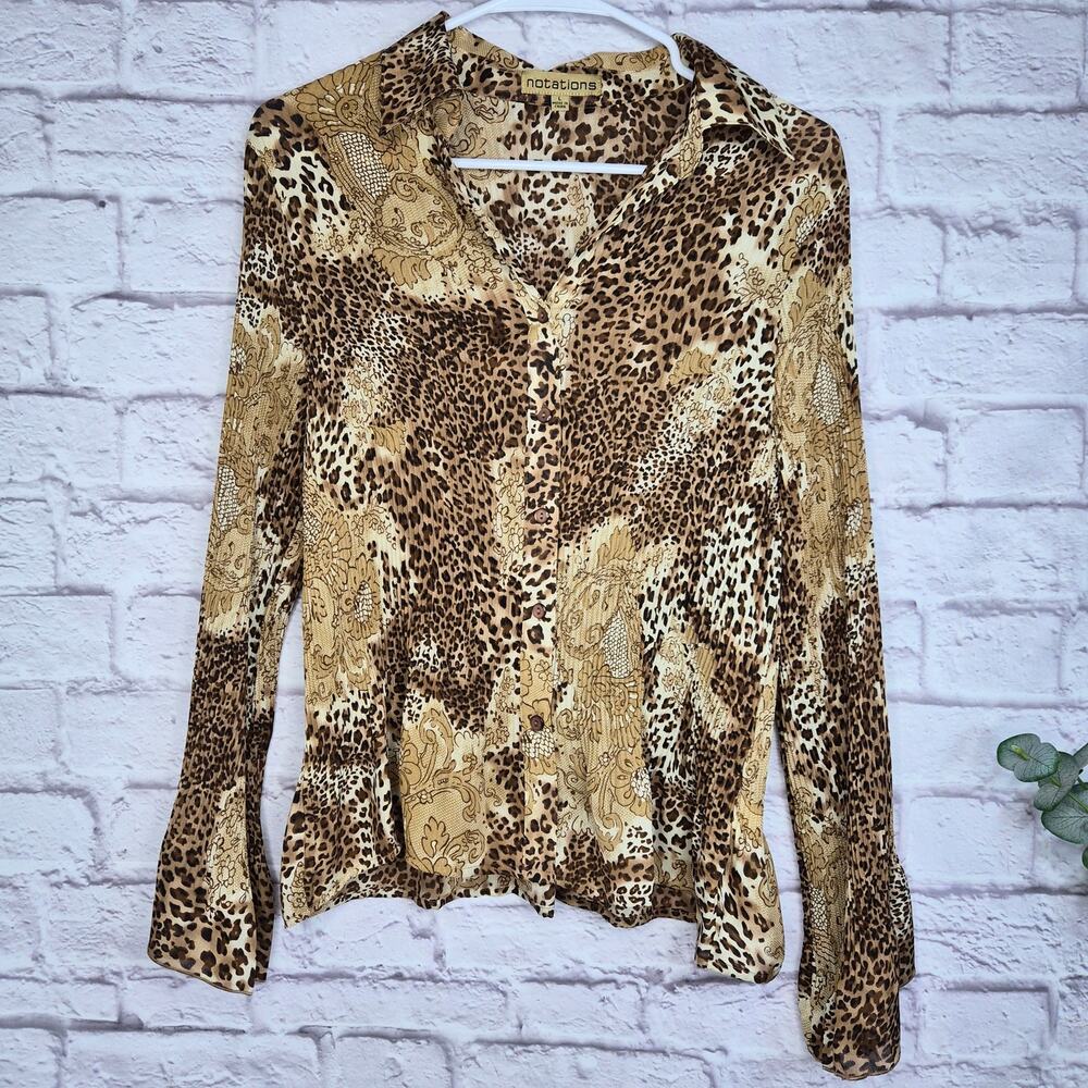 NWT Vintage Y2K Notations Leopard Baroque Plisse Blouse L Bell Sleeve Animal Top
